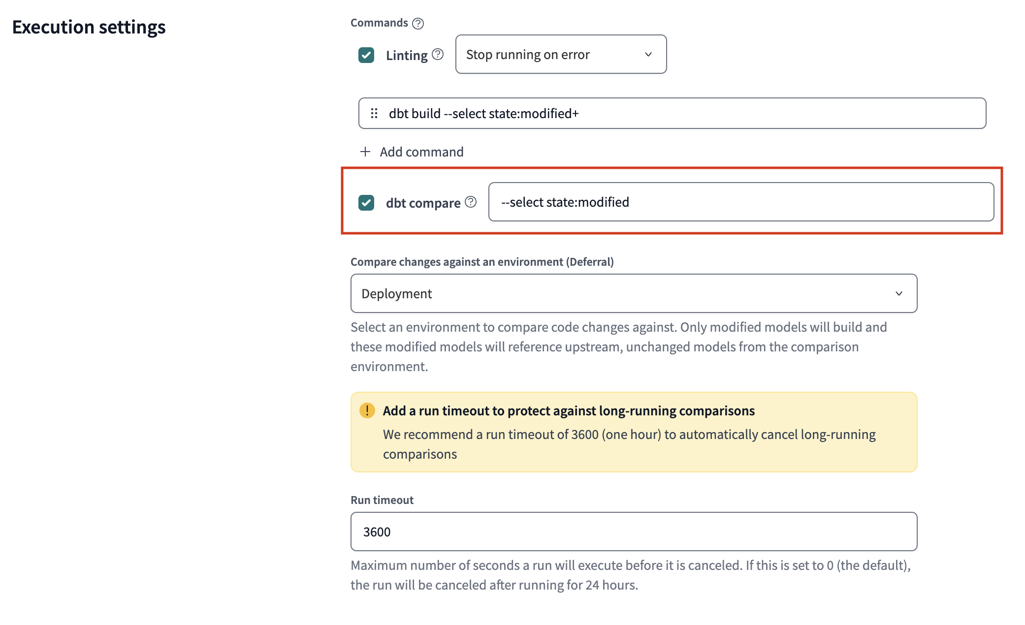 Add custom dbt commands to when using dbt compare.